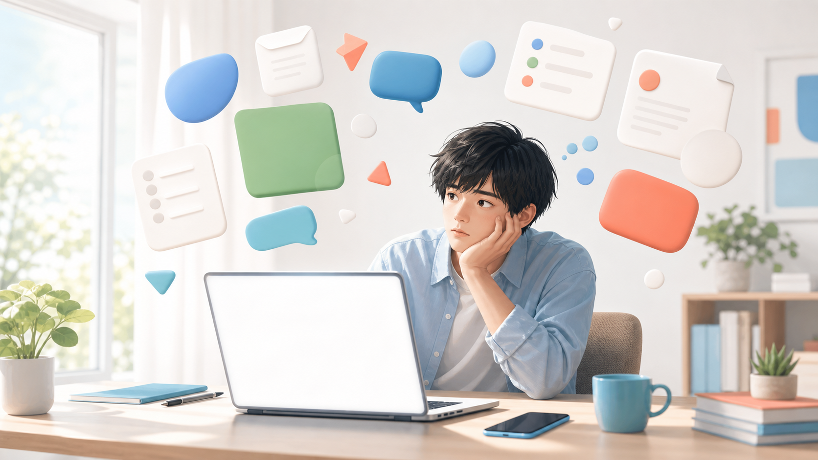 朝の机で、たくさんのタスクに囲まれて手が止まっている人