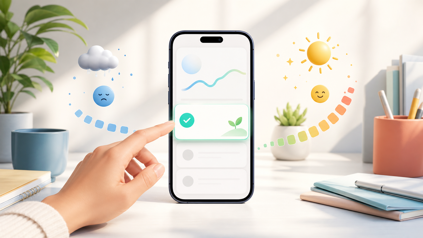 今日の調子に合わせてスマホに最初の一歩が表示される様子