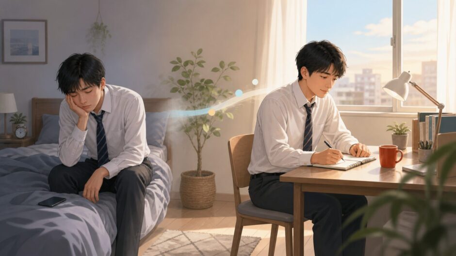朝やる気が出ない人が小さな一歩で仕事を始める様子