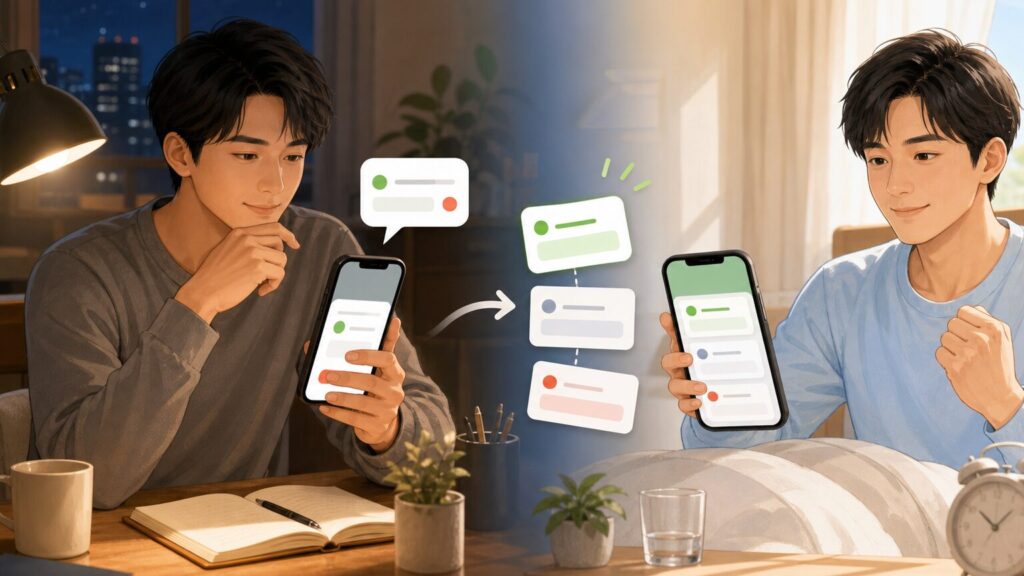 前夜にタスクを登録し朝に小さなステップを始める流れ