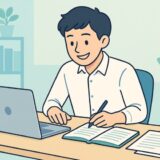 デスクで笑顔で作業をしている若手研究者のイラスト