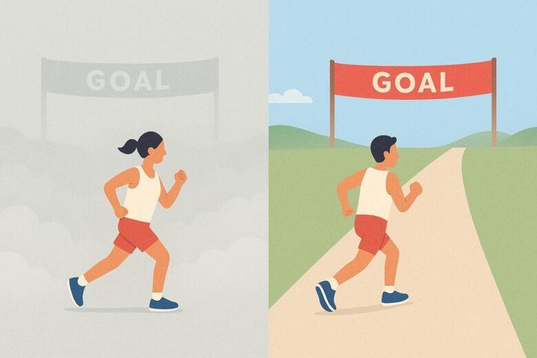 ゴールテープが霧でぼやけているランナーと、はっきり見えるゴールを目指すランナーを並置したイラスト