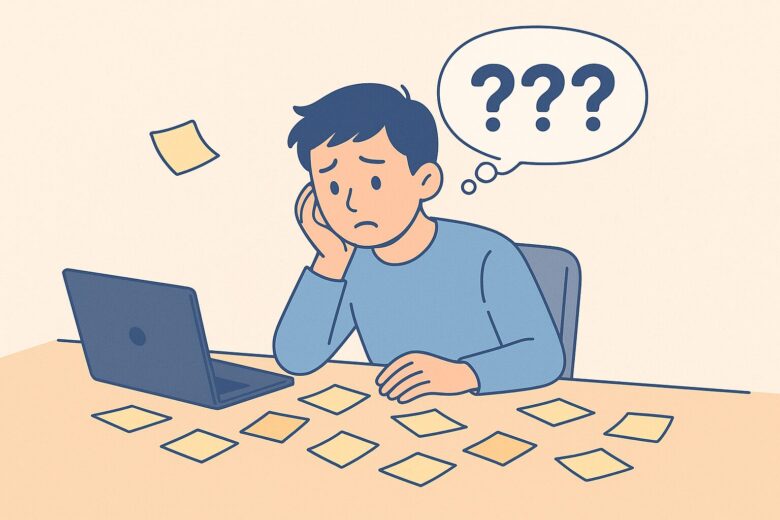 午後、付箋がバサッと机に散らばり“???”の吹き出しが浮かび集中できない人物