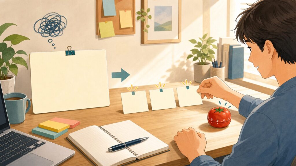 大きなタスクを3分でできる小さな手順に分解している様子