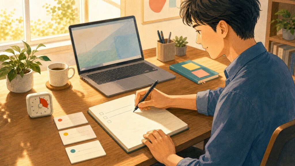 小さな一歩が見えて、午後の仕事に落ち着いて着手している様子