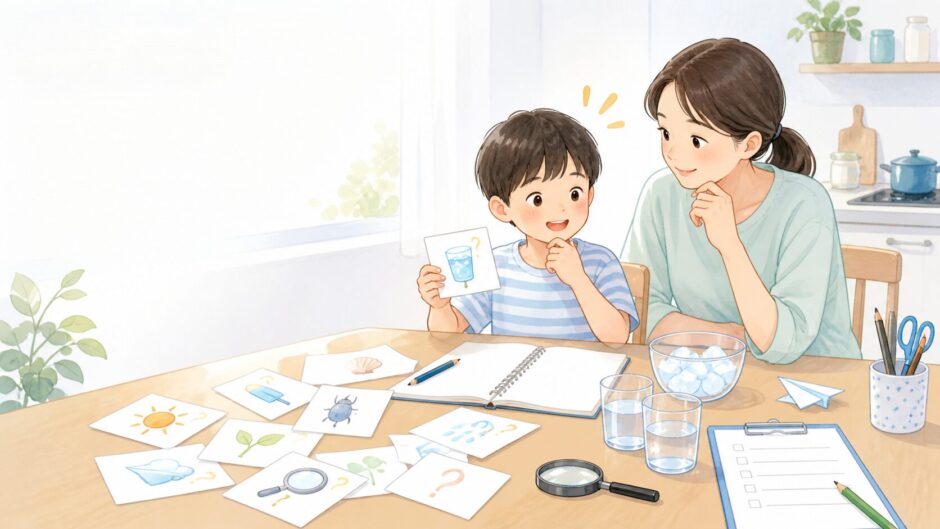 親子で自由研究の候補を整理し、一つのテーマに決める様子