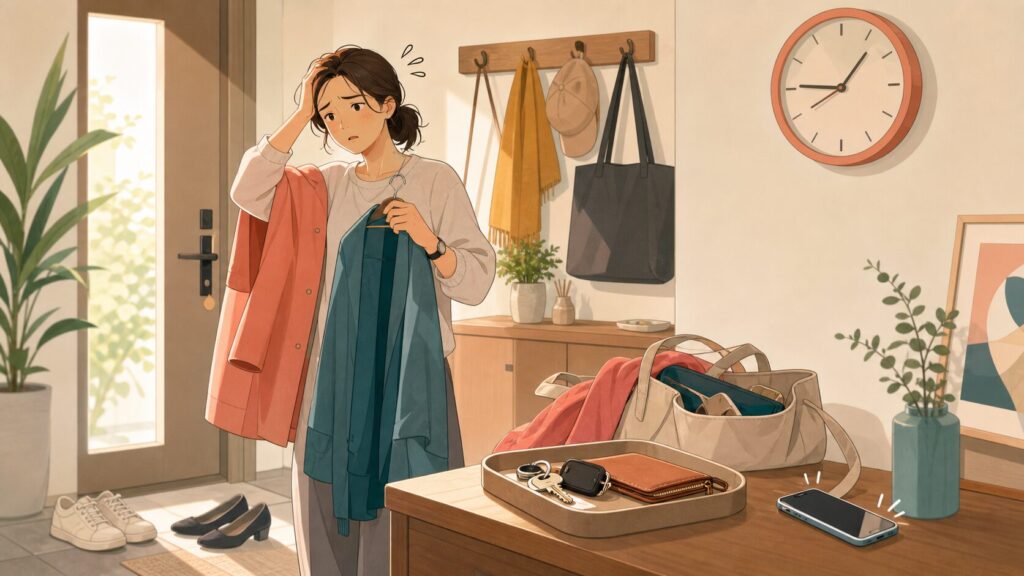 朝の支度で服や持ち物を前に迷い、時間に追われている人のイラスト