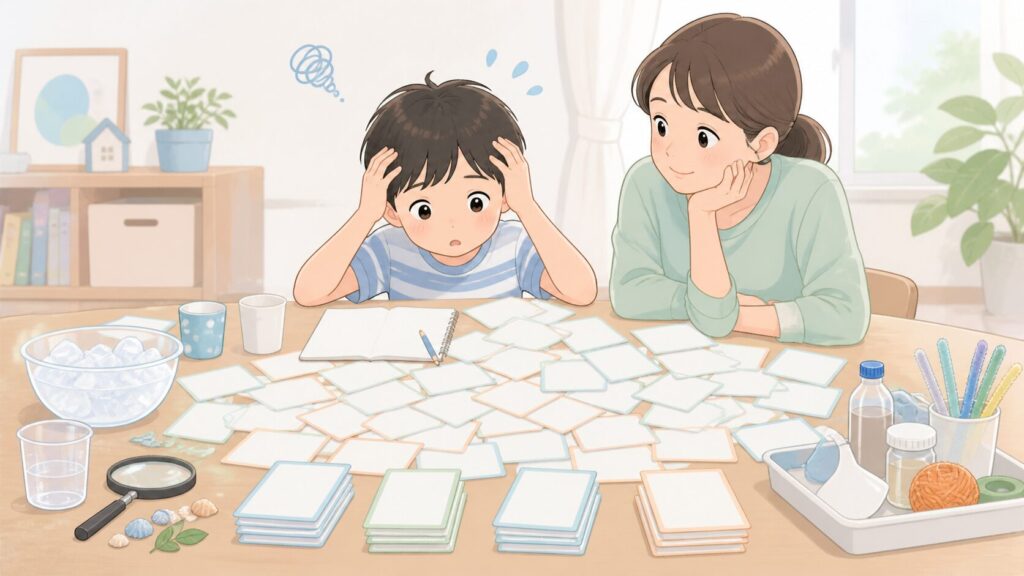 多すぎる自由研究の候補を前に、親子で迷っている様子