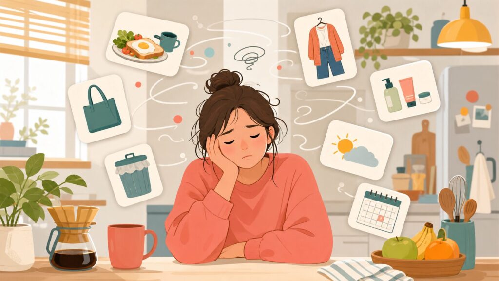 朝食や服装など小さな選択が重なり、朝から疲れている人のイラスト