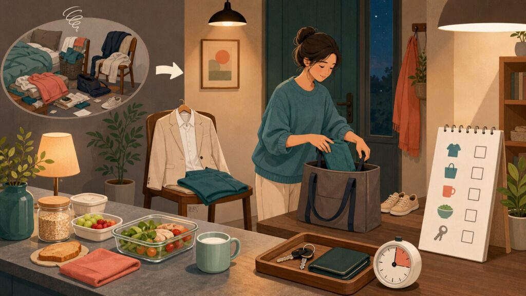 前夜に服やバッグ、朝食を準備して朝の迷いを減らす様子のイラスト