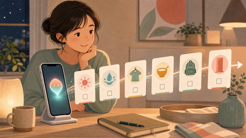 AIが朝の支度を小さな手順に分解し、翌朝の流れを整理するイラスト