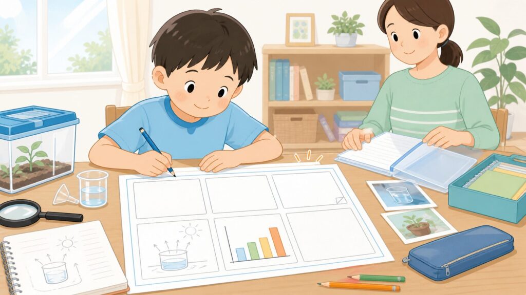 実験メモを6項目の自由研究レポートにまとめる様子