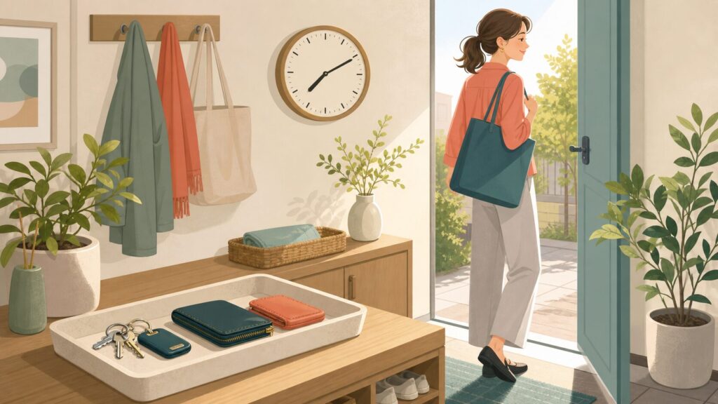 前夜の準備によって落ち着いて時間通りに家を出る人のイラスト