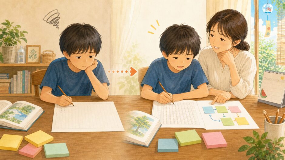 読書感想文を書けずに悩む子が、親と一緒に考えを整理して書き進める様子