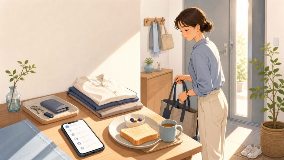 前夜に準備した服や持ち物を使い、朝に迷わず出発する女性の様子