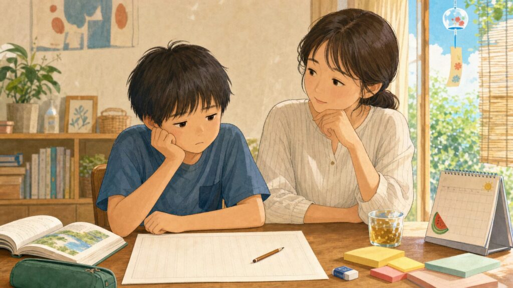 読書感想文の原稿用紙を前に手が止まる子どもと、隣で見守る保護者