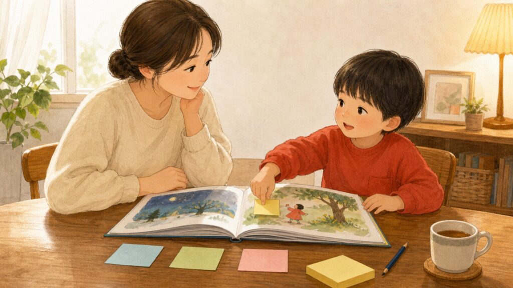本の中で心に残った場面を子どもが選び、保護者がやさしく聞いている様子