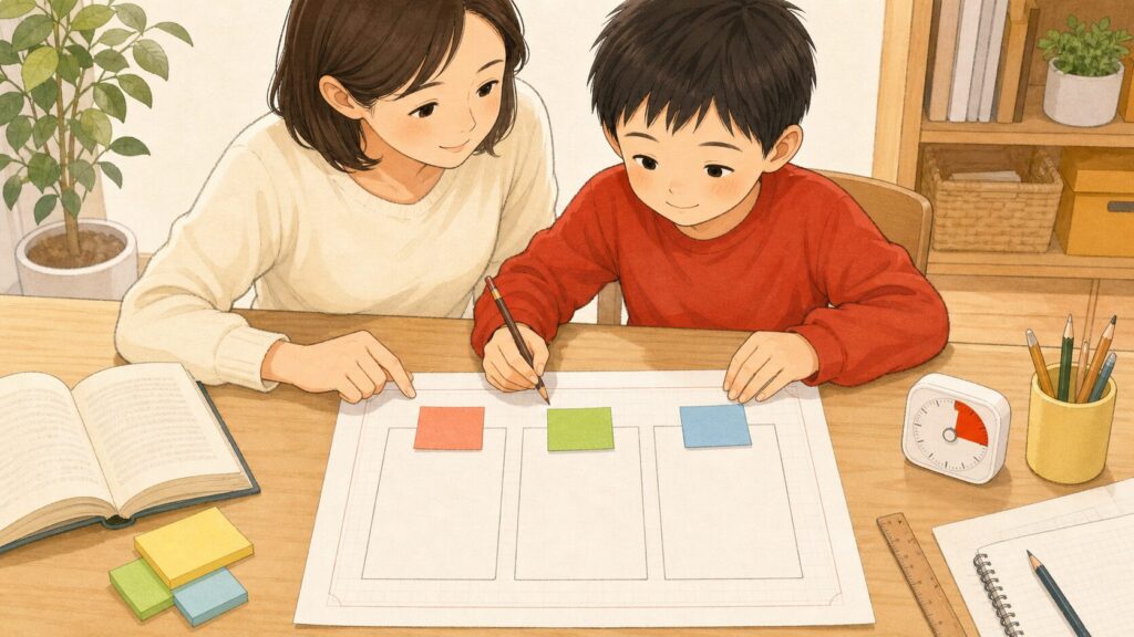 読書感想文をはじめ・なか・おわりの3つの箱に分けて親子で整理する様子