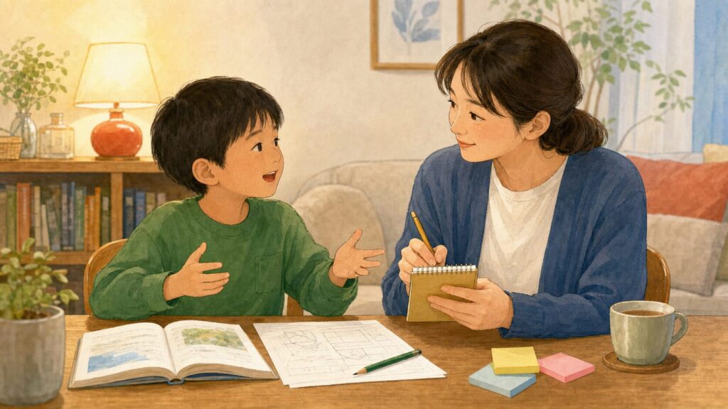 子どもの感想を保護者が聞き役としてメモしながら引き出している様子