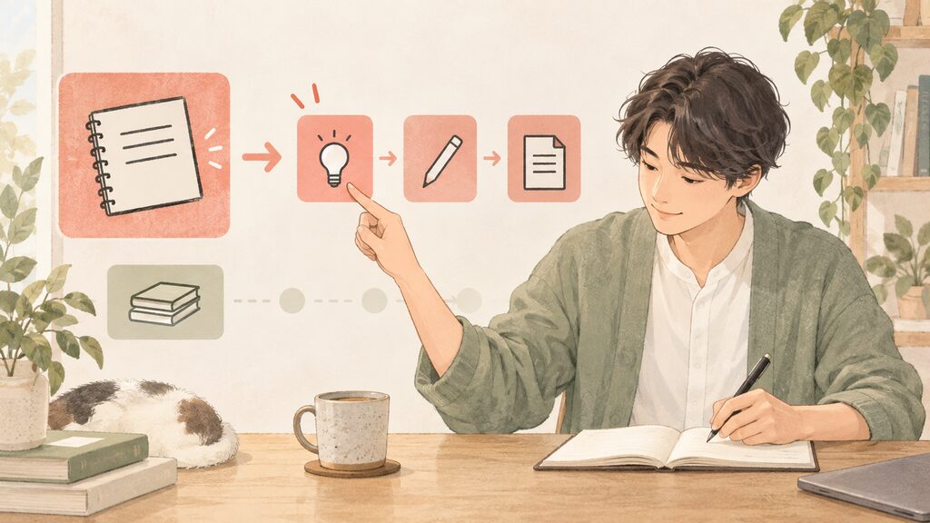 大きな作業を小さな手順に分け、最初のアイデア出しからノートに書き始める人