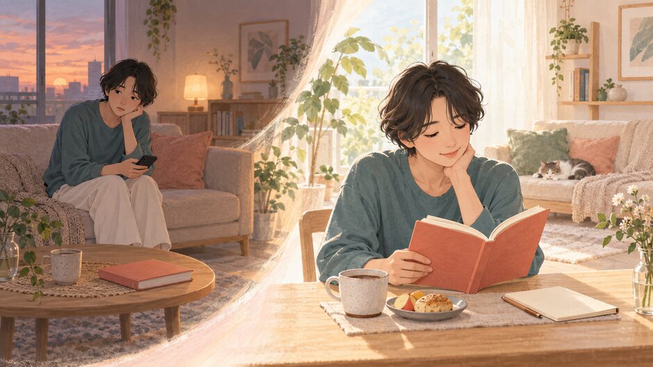 休日の夕方にスマホを手に後悔する人と、翌朝に小さな読書を始める人