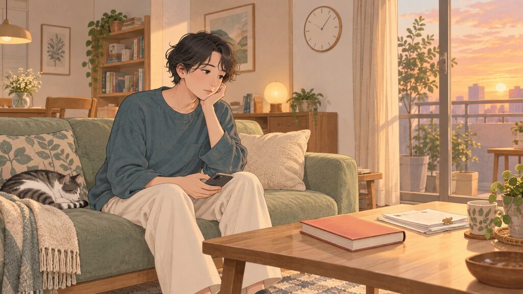読みたかった本を開けないまま夕方を迎え、ソファでスマホを手にする人