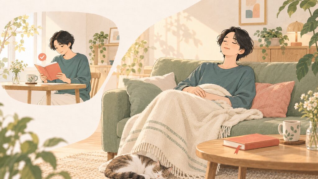 午前中に少し読書を進め、午後はソファで安心して休む人